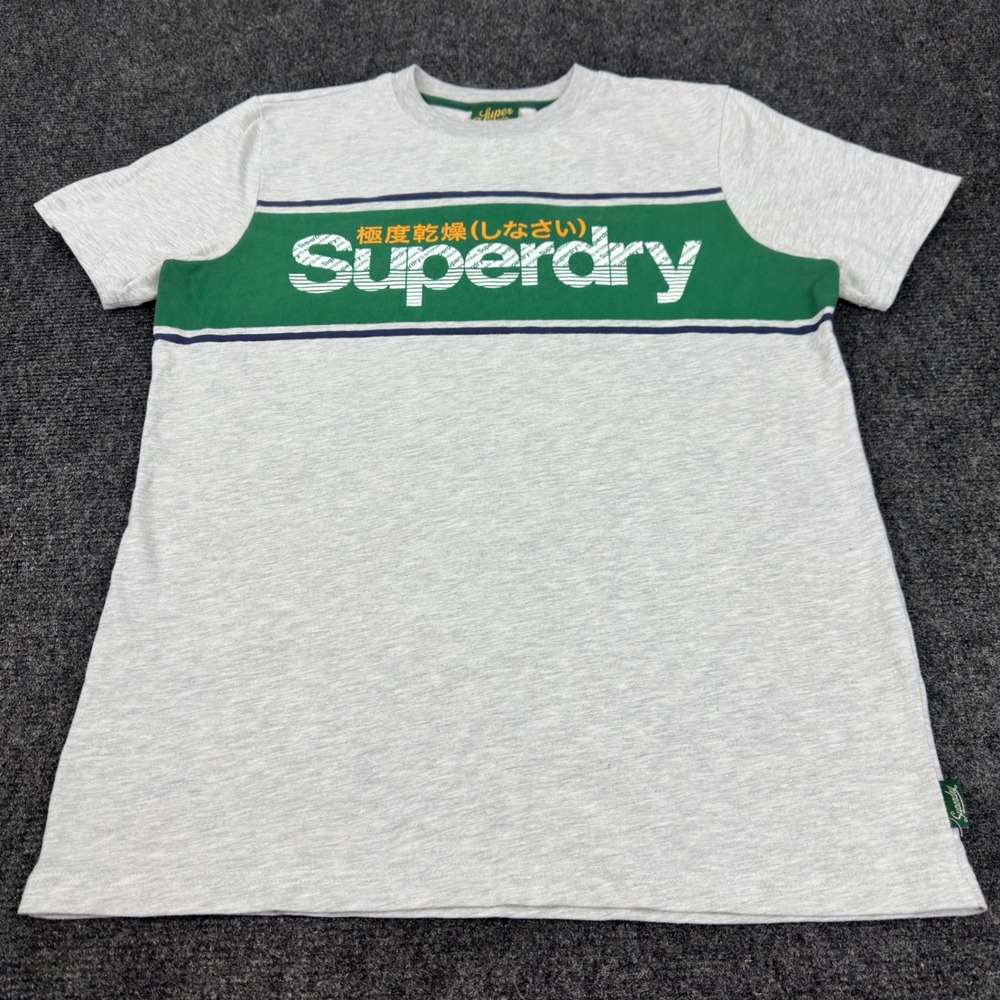 Superdry Mens Graphic T-Shirt Grey Green Stripe Logo Crew Neck Small